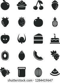 Solid Black Vector Icon Set - cake vector, muffin, piece of, jam, a pineapple, cherry, pomegranate, grape, branch, tasty apple, raspberry, strawberry, melon, slice, delicious plum, tamarillo, water