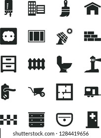 Solid Black Vector Icon Set - chest of drawers vector, brick wall, building trolley, window frame, wooden paint brush, sink, toilet, laying out, power socket type f, door knob, city block, home