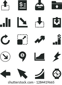 Solid Black Vector Icon Set - left direction vector, growth up, clockwise, negative chart, download archive data, upload folder, lightning, put in a box, expand picture, move, down, bar, cursor, pin