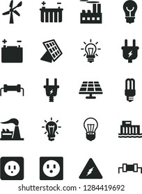 Solid Black Vector Icon Set - power socket type b vector, bulb, solar panel, wind energy, factory, accumulator, battery, hydroelectric station, plug, electric, industrial building, mercury light