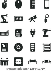 Solid Black Vector Icon Set - camera vector, drill, power socket type f, plummet, heating coil, smartphone, battery, electric plug, assembly robot, mouse, keyboard, pc tower, motherboard, gpu card