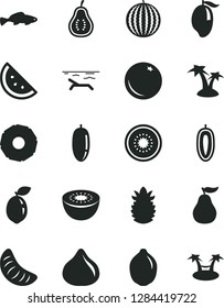 Solid Black Vector Icon Set - small fish vector, orange slice, fig, water melon, mango, date fruit, of tangerine, sweet, lime, kiwi, half, sour, ripe pineapple, guava, part, beach, palm tree, hammok