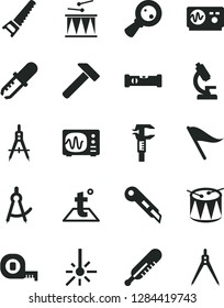 Solid Black Vector Icon Set - wind direction indicator vector, mercury thermometer, drumroll, drum, hand saw, measuring tape, construction level, stationery knife, temperature, hammer, outdoor