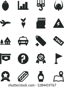 Solid Black Vector Icon Set - danger of electricity vector, add label, pennant, negative histogram, question, winch hook, car, Hot Dog, bottle, tamarillo, physalis, radish, vintage sign, season sale