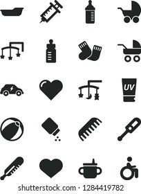 Solid Black Vector Icon Set - heart symbol vector, toys over the cradle, cot, mug for feeding, bottle, measuring, baby powder, stroller, carriage, electronic thermometer e, mercury, bath ball, comb