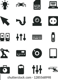 Solid Black Vector Icon Set - Camera Vector, Laptop, Sewerage, Charge Level, Power Socket, Robot Welder, SIM, Front Of The Bank Card, Tablet Pc, Keyboard, Web, Speaker, Cursor, Test Tube, Bulb