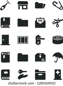 Solid Black Vector Icon Set - folder vector, book, open pin, e, window frame, door knob, ntrance, received letter, umbrella, cardboard box, canned goods, stall, arm with key, grand opening