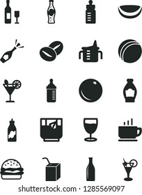 Solid Black Vector Icon Set - measuring cup for feeding vector, bottle, bath ball, packing of juice with a straw, coffee, burger, beans, glass tea, cocktail, soda, orange, liquor, piece coconut