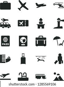 Solid Black Vector Icon Set - case vector, passport, coastal lighthouse, sand castle, helicopter, plane, bus, passenger, suitcase, rolling, ticket, departure, hotel, beach, arnchair under umbrella