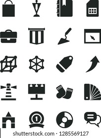 Solid Black Vector Icon Set - paper bag vector, warm socks, box of bricks, building trowel, color samples, notebook, label, SIM card, lighthouse, billboard with illumination, portfolio, ring diagram