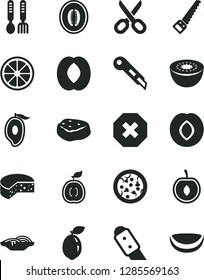 Solid Black Vector Icon Set - scissors vector, mark of injury, iron fork spoons, arm saw, knife, stationery, cheese, pizza, slices onion, piece meat, plum, half mango, peach, melon, cherry, kiwi
