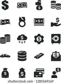 Solid Black Vector Icon Set - dollar vector, strongbox, cards, coins, column of, get a wage, dollars, cash, gold ring, bar, money bag hand, rain, gear, limousine, mail, dialog