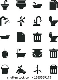Solid Black Vector Icon Set - bin vector, clean sheet of paper, diaper, nappy, children's bathroom, bath, bucket, washbasin, toilet, comfortable, shower, kitchen faucet, dust, passion fruit, trash