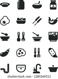 Solid Black Vector Icon Set - deep plate with a spoon vector, plates and spoons, plastic fork, iron, sink, siphon, knife, kitchen faucet, bowl of rice porridge, lettuce in, barbecue, chili, omelette