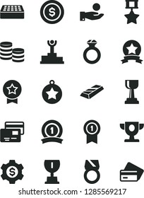 Solid Black Vector Icon Set - brick vector, cards, coins, catch a coin, winner podium, prize, award, gold cup, star medal, with pennant, ribbon, hero, diamond ring, bar, dollar, gear, credit card