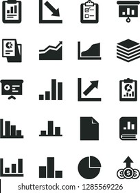 Solid Black Vector Icon Set - clean sheet of paper vector, pie chart, bar, growth, negative, positive histogram, pile, survey, statistical report, overview, book on statistics, research, financial