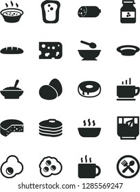 Solid Black Vector Icon Set - deep plate with a spoon vector, coffee, sausage, piece of cheese, eggs, loaf, cake hole, bowl buckwheat porridge, in saucepan, hot, cup tea, glass, fried egg, omelette