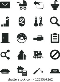 Solid Black Vector Icon Set - prohibition vector, magnifier, baby carriage, roly poly doll, plastic fork spoons, toy train, washbasin, ntrance door, estimate, move left, glazed cake with a hole, pie
