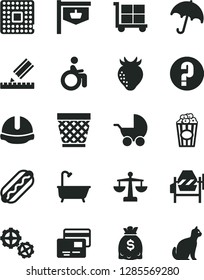 Solid Black Vector Icon Set - wicker pot vector, cargo trolley, scales, question, baby stroller, gears, concrete mixer, bath, drawing, construction helmet, umbrella, cards, Hot Dog, cup of popcorn