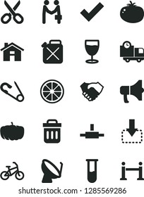 Solid Black Vector Icon Set - house vector, scissors, check mark, open pin, delivery, megaphone, move down, tomato, glass, juicy lemon, pumpkin, canister, satellite dish, hand shake, connect, bike