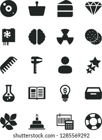 Solid Black Vector Icon Set - comb vector, birthday cake, calculation, book, drawer, piece of, biscuit, flask, radiation, calipers, shopping basket, man, pc power supply, cd, brain, biology, diamond