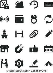 Solid Black Vector Icon Set - clip vector, purse, renewal, drawing, thumb up, kiosk, calendar, cashbox, encrypting, keyboard, wireless, history, magnet, syringe, gold ring, dollar gear, sand castle