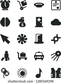 Solid Black Vector Icon Set - hawser vector, alarm clock, car, shipment, plate, fan, note, cursor, cloud, dna, brain, patente, money bag hand, exit door, first satellite, passenger, sun, baggage
