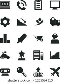 Solid Black Vector Icon Set - monitor vector, bar chart, cogwheel, building trolley, buildings, key, delivery, phone call, electric car, recession, text highlighter, cash, operator, web camera