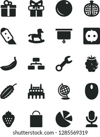 Solid Black Vector Icon Set - paper bag vector, small rocking horse, knife, flowchart, gift, strawberry, orange, half pomegranate, blackberry, banana, cucumber, power socket, industrial factory