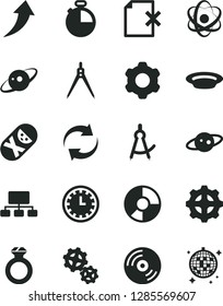 Solid Black Vector Icon Set - clock face vector, renewal, tumbler, cogwheel, timer, CD, delete page, plate, gear, gears, scheme, ring diagram, atom, drawing compass, saturn, diamond, arrow up
