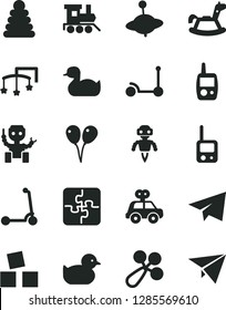 Solid Black Vector Icon Set - paper airplane vector, toys over the cot, baby rattle, rubber duck, duckling, stacking rings, motor vehicle present, toy phone, mobile, train, yule, rocking horse