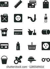 Solid Black Vector Icon Set - yardstick vector, grocery basket, bank card, dummy, feeding bottle, toy sand set, bucket, sewerage, power socket type b, helmet, cards, coffe to go,  soda, canister
