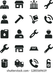 Solid Black Vector Icon Set - repair key vector, builder, hammer, delivery, phone call, shipment, canister of oil, pipes, steel, kiosk, stall, dispatcher, operator, taxi, hotel, do not distrub