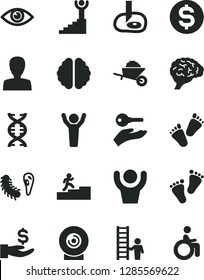 Solid Black Vector Icon Set - woman vector, footprints, children's tracks, garden trolley, eye, lens, dollar, get a wage, dna, brain, bactery, artifical insimination, carrer stairway, winner