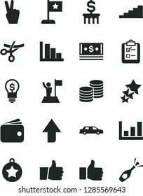 Solid Black Vector Icon Set - upward direction vector, positive histogram, thumb up, survey, coins, wallet, cash, growth graph, finger, stairway, star medal, man with flag, dollar column, idea