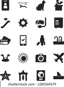 Solid Black Vector Icon Set - Escalator Vector, Security Gate, Passenger, Passort Control, Passport, Plane, Phone Registration, Credit Card, Beach, Sun, Pool, Starfish, Diving Mask, Camera, Pets