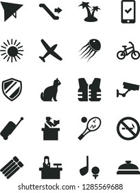 Solid Black Vector Icon Set - plane vector, hang glider, bike, escalator, passort control, phone registration, rolling case, sun, palm tree, tennis, pets, surveillance, receptionist, shield, golf