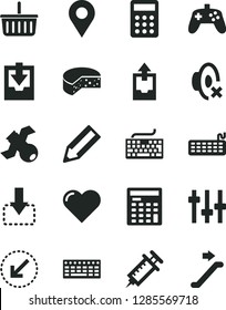 Solid Black Vector Icon Set - grocery basket vector, keyboard, silent mode, upload archive data, download, left bottom arrow, heart, move down, cheese, location, pencil, calculator, engineer