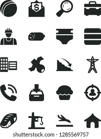 Solid Black Vector Icon Set - diaper vector, bath ball, builder, suitcase, city block, put in a box, sausage, cake, sushi, power line, tower crane, magnifier, man sight, recession, phone call