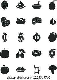 Solid Black Vector Icon Set - a chair for feeding child vector, cheese, pie, bowl of buckwheat porridge, lettuce in plate, piece meat, apple, cornels, half medlar, tasty raspberry, mango, loquat
