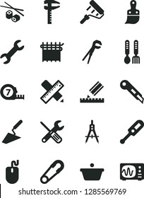 Solid Black Vector Icon Set - safety pin vector, electronic thermometer e, iron fork spoons, trowel, small tools, adjustable wrench, long meashuring tape, paint roller, plastic brush, drawing, pan