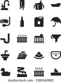 Solid Black Vector Icon Set - measuring cup for feeding vector, rubber duck, bath, washbasin, sink, siphon, kitchen faucet, electronic boiler, umbrella, slice of water melon, hydroelectricity