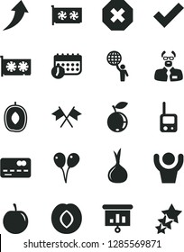 Solid Black Vector Icon Set - mark of injury vector, check, toy phone, colored air balloons, plum, blueberry, delicious, tasty, onion, front the bank card, schedule, presentation, gpu, scientist