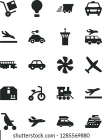 Solid Black Vector Icon Set - summer stroller vector, motor vehicle, baby toy train, child bicycle, car, cardboard box, shipment, marine propeller, electric, urgent cargo, private plane, baggage