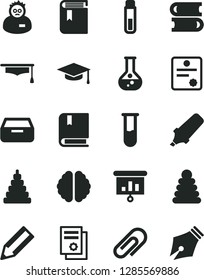 Solid Black Vector Icon Set - clip vector, book, stacking rings, toy, e, books, drawer, flask, pencil, text highlighter, scientific publication, presentation, test tube, brain, scientist, patente