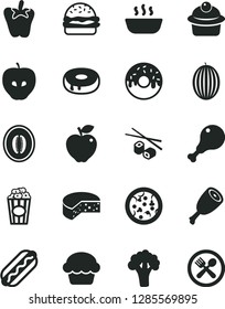 Solid Black Vector Icon Set - cheese vector, pizza, Hot Dog, burger, cake, muffin, with a hole, glazed, porridge, chicken leg, thigh, peper, Chinese chopsticks, cup of popcorn, red apple, tasty