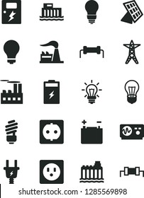 Solid Black Vector Icon Set - matte light bulb vector, saving, dangers, charging battery, factory, accumulator, hydroelectric station, hydroelectricity, power line, electric plug, socket, sun panel