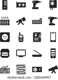 Solid Black Vector Icon Set - keyboard vector, cordless drill, power socket type b, heating coil, smartphone, cast iron radiator, mobile phone, pc supply, tower, motherboard, gpu card, monitor