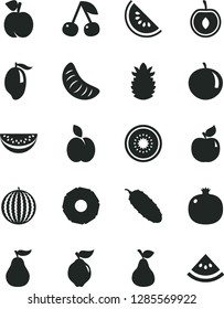 Solid Black Vector Icon Set - cucumber vector, apple, pear, cherry, peach, pomegranate, quince, apricot, water melon, slice of, mango, tangerine, half, kiwi, ripe pineapple, guava