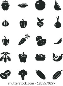 Solid Black Vector Icon Set - slices of onion vector, lettuce in a plate, cabbage, cucumber, chili, peper, garlic, coffee beans, blackberry, goji berry, Bell pepper, ripe, red, potato, carrot, beet